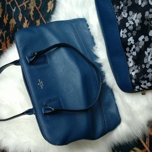Kate Spade blue leather work tote with matching laptop sleeve.
